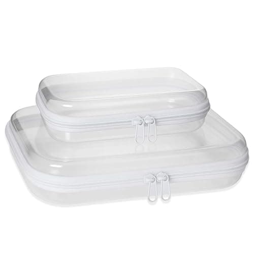 2 Pack Clear Toy Storage Bags – Waterproof Hard Case Zipper Pouches, Double Zipper Organizer for Blocks Puzzles Board Games, Travel Makeup or Cables (Small & Medium Combo)