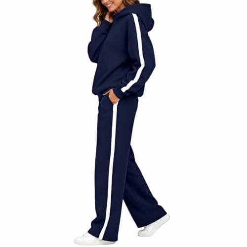 Womens Navy 2 Piece Outfit Pullover Hoodie and Wide Leg Trousers — view 2