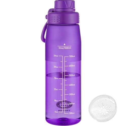 GOPPUS 1L/32oz Clear Tritan Water Bottle with Screw Lid, Drinks Bottle with Wide Mouth, Fruit Infuser, Leakproof, BPA Free, Carry Handle, Measurement Markings, Dust Cap (Purple)