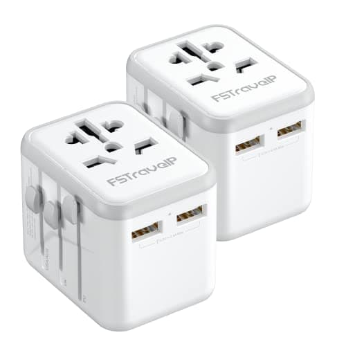2 Pack Universal Travel Adapter, Travel Plug Adapter Worldwide with 2 USB and 1 AC Socket, FSTravelP International Travel Adapter for EU, USA, UK, Australia, Universal Plug Adaptor for Multi Countries