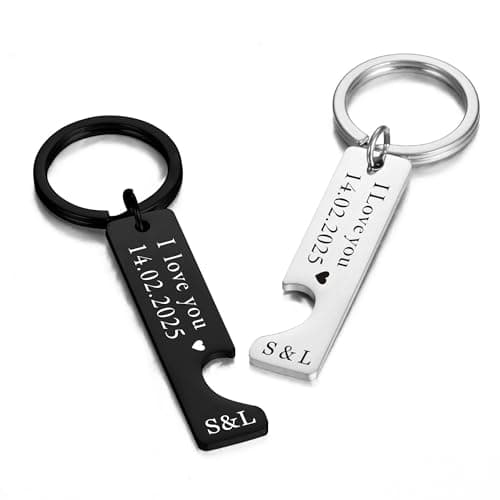 EDSG Personalised Keyring Custom Heart Keyring Set, 2Pcs Couple Keyrings, Valentines Gifts for Him Her Boyfriend Girlfriend, Matching Keychains, Engagement Gifts for Couples (Black+Silver) — view 4