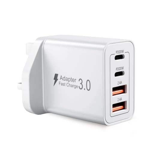 UK USB C Plug, 40W 4-Port Fast Charger Plug, Dual PD 20W+QC 3.0 Multiport USB C Wall Charger, TUV/CE/FCC/UL Certified Safe Type C Mains Charging Head for iPhone, Samsung, iPad, Watch, Macbook