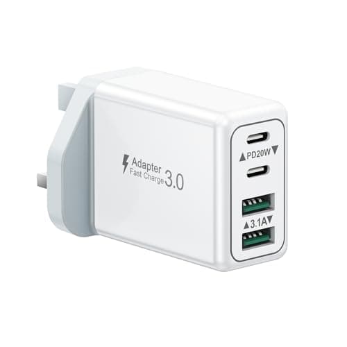 USB C Plug, 40W 4-Port Fast Charger Plug UK Dual Port PD Power Adapter +QC Multi Mains Wall Charger Type C Charging Plug for iPhone 17 16 15 14 13 12 11 Pro Max Plus XS XR SE,Samsung, iPad, AirPods