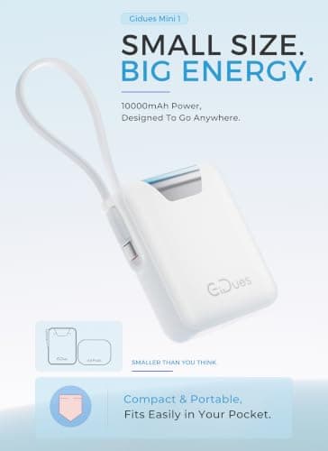 Gidues M1 Mini Portable Charger, 10000mAh Ultra-Compact Power Bank, 22.5W PD Fast Charging, Tpye-C Built-in Cable, Small External Battery Pack for iPhone, Samsung, Android iPad (White) — view 3