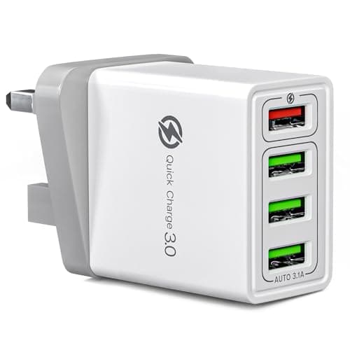 Fast Charger Plug USB Charger – Ultra Fast 4 Port Multi USB Plug Adaptor UK – 33W Quick Charge 3.0 Wall Charger Adapter – Phone Charger Plug Fast Charging for iPhone, Samsung, iPad and more