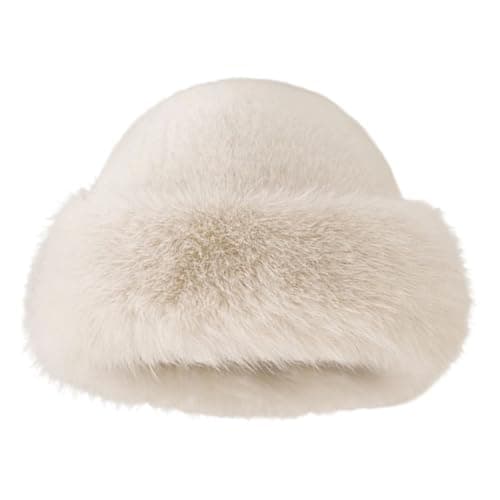 Qiaonan Women's Fur Hat, Winter Warm Hat, Women, Warm Soft Russian Faux Fur Hat, Thickened Fluffy Bucket Hat for Travel, Skiing, Hiking, Elegant Fashion Accessory, Cream Colored