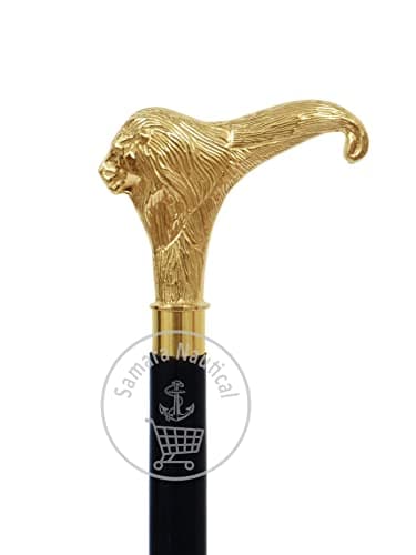 Samara Nautical Solid Brass Lion Head Handle Wooden Walking Stick Cane Vintage Designer Handmade — view 6