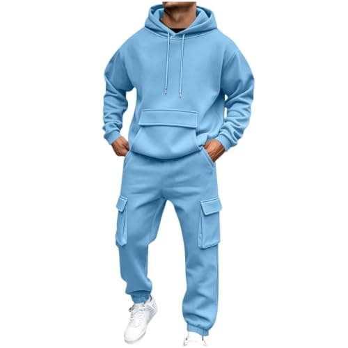 Mens Sweatsuit 2 Piece Set Pullover Hoodie Cargo Joggers Mens Tracksuit Jogging Suit Gym Workout Loungewear workout sets for men UK for city breaks Light Blue L
