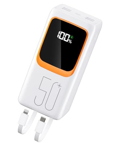 50000mAh Power Bank with Built-in Cable: 22.5W Fast Charging External Battery with Large Capacity, Portable Charger with LED Flashlight and 7 Outputs & 3 Inputs-White