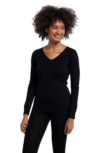 Mountain Warehouse Merino Womens Thermal Baselayer Top - Lightweight, Antibacterial & Breathable Ladies T Shirt - for Winter Travel, Hiking, Camping, Skiing, Snowboard Black 10