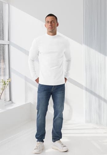 QIXING Men's Thermal Top, Long Sleeve Mock Neck Cotton Base Layer, White, L — view 3