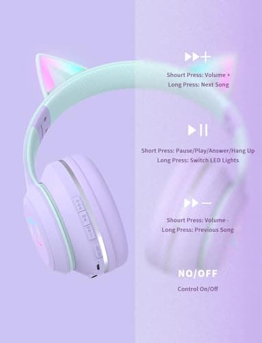Bluetooth Kids Headphones,Cat Ear LED Light Up Kids Wireless Headphones,Bluetooth 5.1&Stereo Sound,Foldable,Adjustable Headband,Children Headphone with Microphone Over Ear for School/Tablet (Purple) — view 6