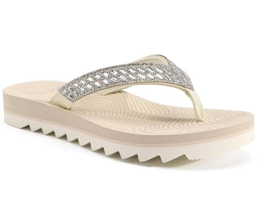 KuaiLu Womens Orthotic Flip Flops with Arch Support Yoga Mat Cushion Fashion Rhinestone Sandals Summer Walking Beach Travel Thong Slides Comfy Plantar Fasciitis Outdoor Sandle Beige White 6.5