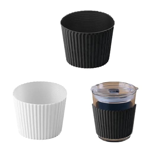 OBYJCA Coffee Cup Sleeve, 2Pcs Re-Usable Black and White Silicone Cup Covers for Drinks Heat-Resistant Silicone Nonslip Coffee Cup Sleeve Reusable Glass Bottle Mug Cup Sleeve Protector Cover