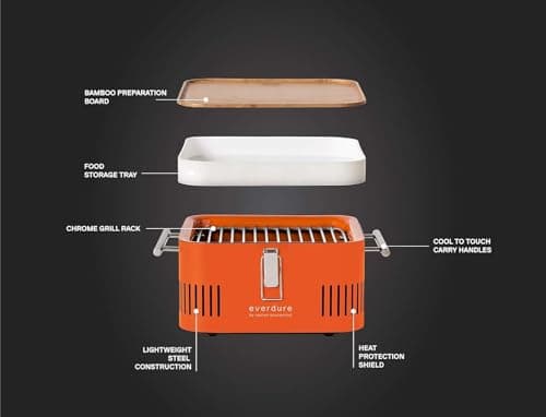 Everdure by Heston Blumenthal Cube Portable Charcoal BBQ Grill – Compact Travel Barbecue with Bamboo Tray, Chrome Rack, Porcelain Enamel Firebox & Cool Touch Handles – Outdoor Camping BBQ in Orange — view 3