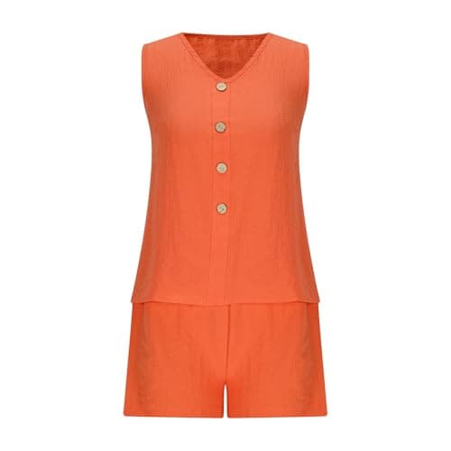NSICBMNO Orange 2 Piece Outfits Women Summer Co Ord Sets Casual Track Suit Button Up Vest Tops V Neck Tank Tops Hot Pants Running Shorts Loungewear Sets Travel Airport Outfits For Holiday Beach Work — view 5