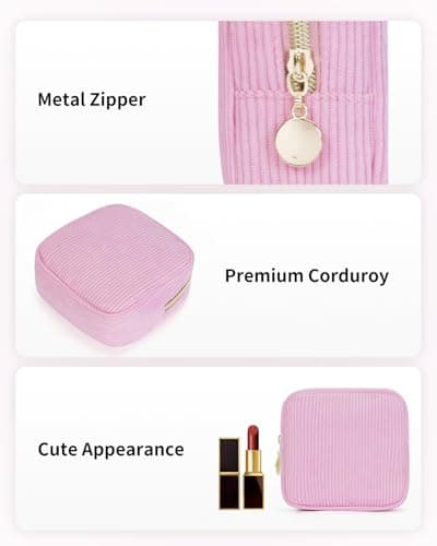 Wandering Nature Small Makeup Bag for Purse Zipper Cosmetic Bag for Women Pouch Travel Eco Vegan Leather Make Up Organizer for Toiletry Bag Water Resistant Gift Idea, Black, Corduroy Pink, Mini, — view 5