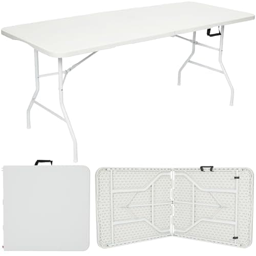 Nyxi 6ft Folding Table – 180x74x74cm – All White Top, Frame & Legs – Heavy-Duty, Waterproof, Portable Table for Camping, BBQs, Garden, Parties – Easy Setup & Storage