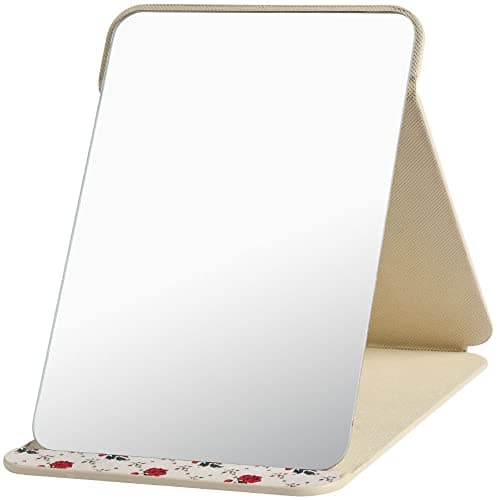 OSDUE Folding Tabletop Mirror, 20.5 * 15.5cm Beige PU Leather Portable Travel and Desktop Vanity Mirror with Stand for Office Desk, Vanity Table, Camping