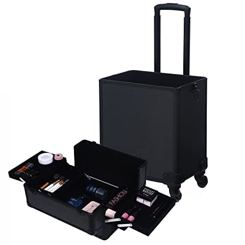 Bonnlo 4 in 1 Rolling Makeup Train Case, Aluminum Makeup Travel Organizer Cosmetic Case, Cosmetology Display Suitcase on Wheels, Beauty Storage Luggage Lockable w/4 Removable Wheels - Black — view 4