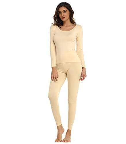 Mcilia Women's Ultrathin Modal Round Neck Thermal Underwear Set Beige — view 3