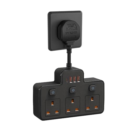 Multi Plug Extension, Short Extension Lead, 3 Way 4 USB Plug Adapter