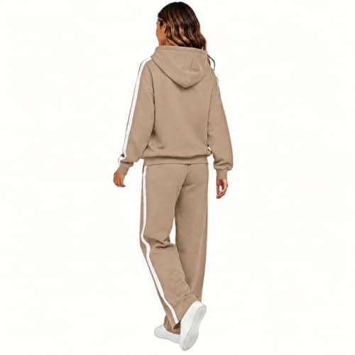 Womens Khaki Travel Outfits Two Piece Hoodie Trouser Set — view 3