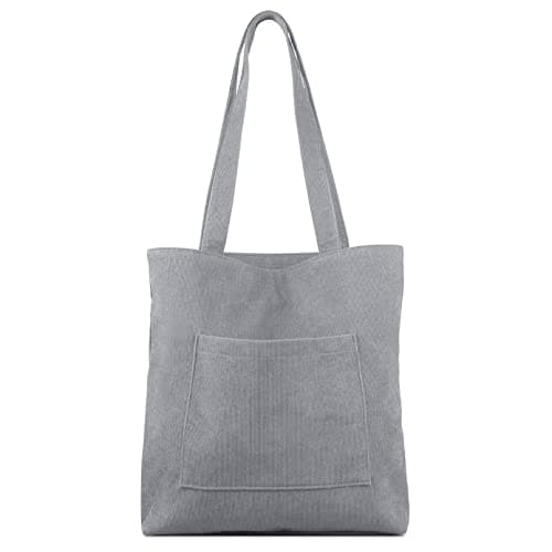 Kememo Corduroy Tote Bag with Zip, Shoulder Bag Women's Hobos Handbags Large Capacity Shopping Bag with Inner Pocket, Grey