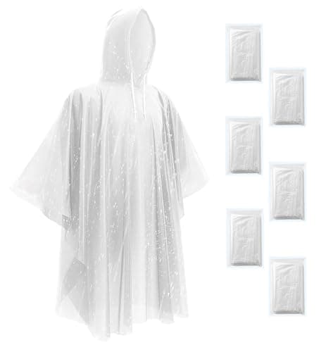 JXJIUA Rain Ponchos for Adults - Men/Women Disposable Emergency Rain Coat with Drawstring Hood, Family Home Survival Kits Clear 6 Pack