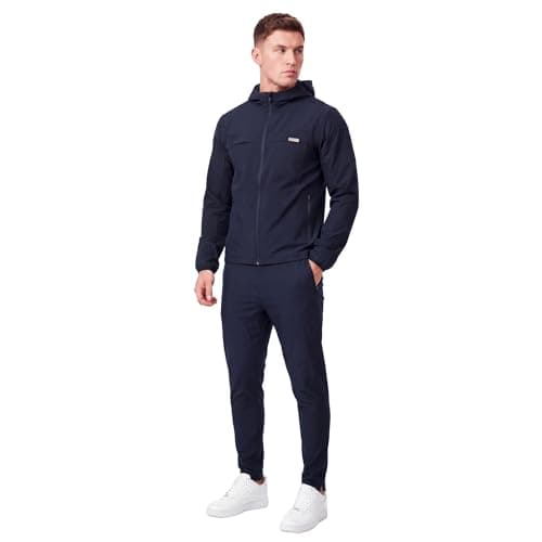 Spindle Men’s 2-Pack Premium Performance Tracksuit Twinset – Tech Bi-Stretch Athletic Hooded Jacket & Jogger Pants Sweatshirt Bundle, Breathable Cotton Poly Training Gym Sweatsuit Set (Navy)