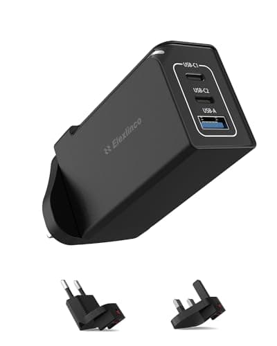 65W USB C Plug, Elexlinco GaN II Fast Charger, 3-Port USB C Charger Plug with UK, US, EU Travel Adapter, Compatible with MacBook Pro/Air, HP Laptops, iPad, iPhone 15/Pro/Max, Galaxy S24/S23 and More