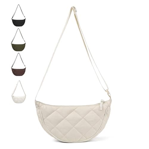 GoPaw Crescent Bag Women Crossbody, Nylon Crescent Bag for Women, Half Moon Womens Crossbody Bags with Adjustable Strap, Solid Color Dumpling Bags Portable Crescent Purse for Daily Use (Cream)