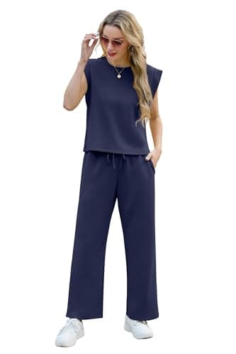 GRECERELLE Womens 2 Piece Outfits Summer Tracksuit Full Set Casual Travel Outfit Crew Neck Coords Sets Lounge Wear Sets Cap Sleeve Top And Long Trousers With Pockets for Women UK (Navy Blue, M) — view 4