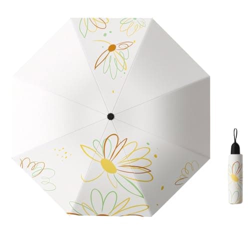 Meichoon Travel UPF 50+ UV Protection Umbrella Portable Compact 8 Ribs Lightweight Waterproof & Windproof Sunshade Stylish Simple Flower Design for Women for Hiking Backpacking White