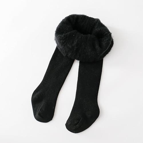 Kids Fleece Thermal Tights Baby Girls Plain Cotton Leggings with Feet Autumn Winter Thick Warm Ribbed Knitted Trousers Soft Comfort Stretchy Yoga Dance Pants (Black, 1-3 Years) — view 2