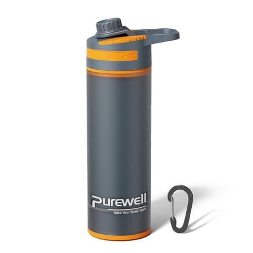 Purewell Press Filter Water Bottle – 0.01μm Ultrafiltration + Carbon Fiber + PP Cotton, 10000L Capacity, 500ml Per Press, Portable Water Purifier Bottle for Camping, Hiking, Travel & Emergency