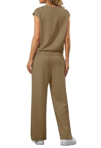 GRECERELLE Two Piece Outfits Women Summer Short Sleeve Tracksuit Womens Full Set Lounge Wear Sets for Women Casual Crew Neck Cap Sleeve Tops and Jogging Bottoms with Pockets(Khaki, M) — view 5