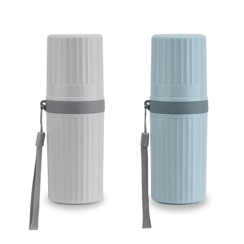 YoHyien 2 Pcs Travel Toothbrush Case, Waterproof Travel Toothbrush Holder, Portable Toothbrush Cup, Dustproof Toothbrush Storage Case, Ideal for Business Trip, Home, School, Camping (Grey + Blue)