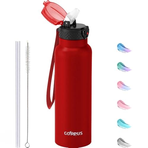 GOPPUS 750ml/26oz Stainless Water Bottle with Straw Double Wall Insulated Bottles with Strap Reusable Vacuum Thermal Flask Leakproof Keep Cold Drinks Bottles with Flip Top Lid BPA Free (Red)