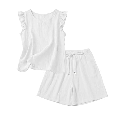 Festival Co Ord Linen Shorts Co Ord Sets for Women Summer 2 Piece Airport Travel Outfits Sleeveless Ruffle Vest Tops Bermuda Shorts Plus Size Loungewear Tracksuit Full Set Leisure Suits Streetwear — view 5