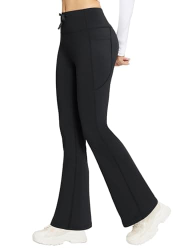 baleaf Women's Fleece Lined Yoga Pants Thermal Flared Leggings with 4 Pockets Drawstring High Waisted Bootcut Legging Black L