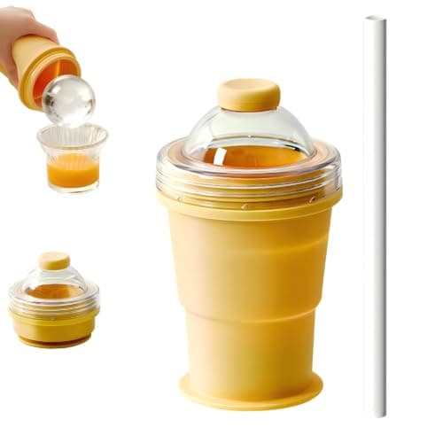 Collapsible Cup Silicone Folding Ice Hockey Cup 2 in 1 Ice Ball Maker with Straw Portable Foldable Leakproof Travel Tumbler for Coffee Camping Office Home (Yellow)