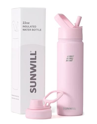 SUNWILL Metal Water Bottle with Straw Stainless Steel, 650ml Insulated Leakproof Thermal Flask with 2 Lids for Cold and Hot Drink, Running, Sports, Gym, Travel, Sakura — view 6