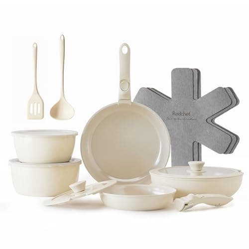 Redchef 16pcs Ceramic Pots and Pans Set Non Stick, Nonstick Kitchen Cookware Set with Detachable Handle, PFAS PFOA & PTFE Free, RV Ceramic Cookware Set for Camping, Oven Safe(Beige White