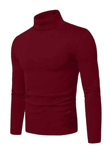 Hisir Men's Thermal Top, Long Sleeve Cotton Roll Neck Base, Burgundy, S