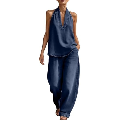Travel Outfit Airport Set Women Airport Two Piece Outfit Women Uk Denim Co Ord Sets Sleeveless Short Sleeve Blouses Wide Leg Jeans Casual Ladies Travel Suits Womens Summer Cotton Lounge Wear