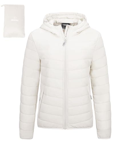 Outdoor Ventures Women's Winter Lightweight Puffer Jacket with Hood, Warm, Short, Packable, Quilted, Transitional, Padded Jacket for Ladies, Lined for Hiking, Travel Cream XS