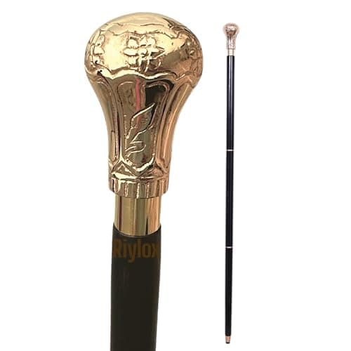 Replica of Bat Masterson Walking Cane – 37.5" Handmade Wooden Walking Stick with Brass Knob Handle – Black & Gold Finish – Stylish Walking Cane for Men & Women