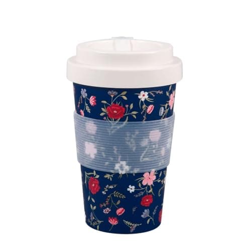 ECO CHIC Recycled Travel Coffee Cup 400ml Microwave Dishwasher Safe Plastic Travel Mug (Floral Navy)