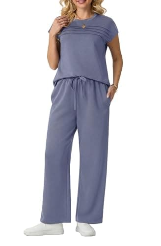 GRECERELLE Two Piece Outfits Women Summer Travel Vacation Tracksuit Womens Full Set Short Sleeve Casual Crew Neck Cap Sleeve Front Plisse Matching Sets Wide Leg Pants (Haze Blue, S) — view 6